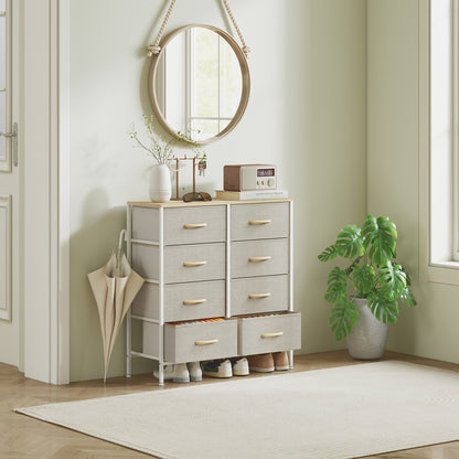 HOMCOM Fabric Chest of Drawers, Industrial Bedroom Dresser with 8 Fabric Drawers, Steel Frame and Wooden Top for Nursery, Living Room, Hallway, Maple Wood-effect