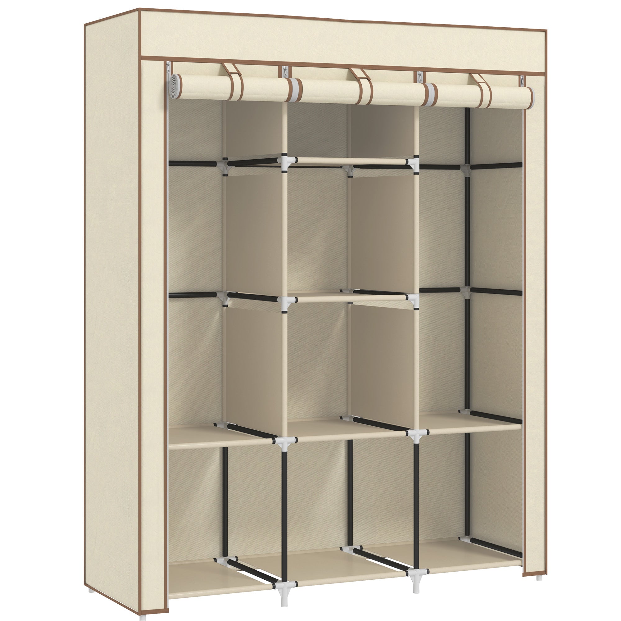 HOMCOM Fabric Wardrobe, Portable Wardrobe, Clothes Storage Unit with 8 Shelves, 2 Hanging Rods, 125 x 43 x 162.5 cm, Cream White 