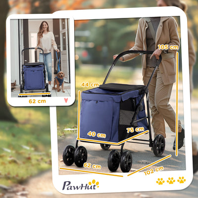 PawHut Dog Pram Dog Stroller 4 Wheels Pet Pushchair with Rolling Door, Cushion, Safety Leashes, for Small and Medium Dogs, Dark Blue 