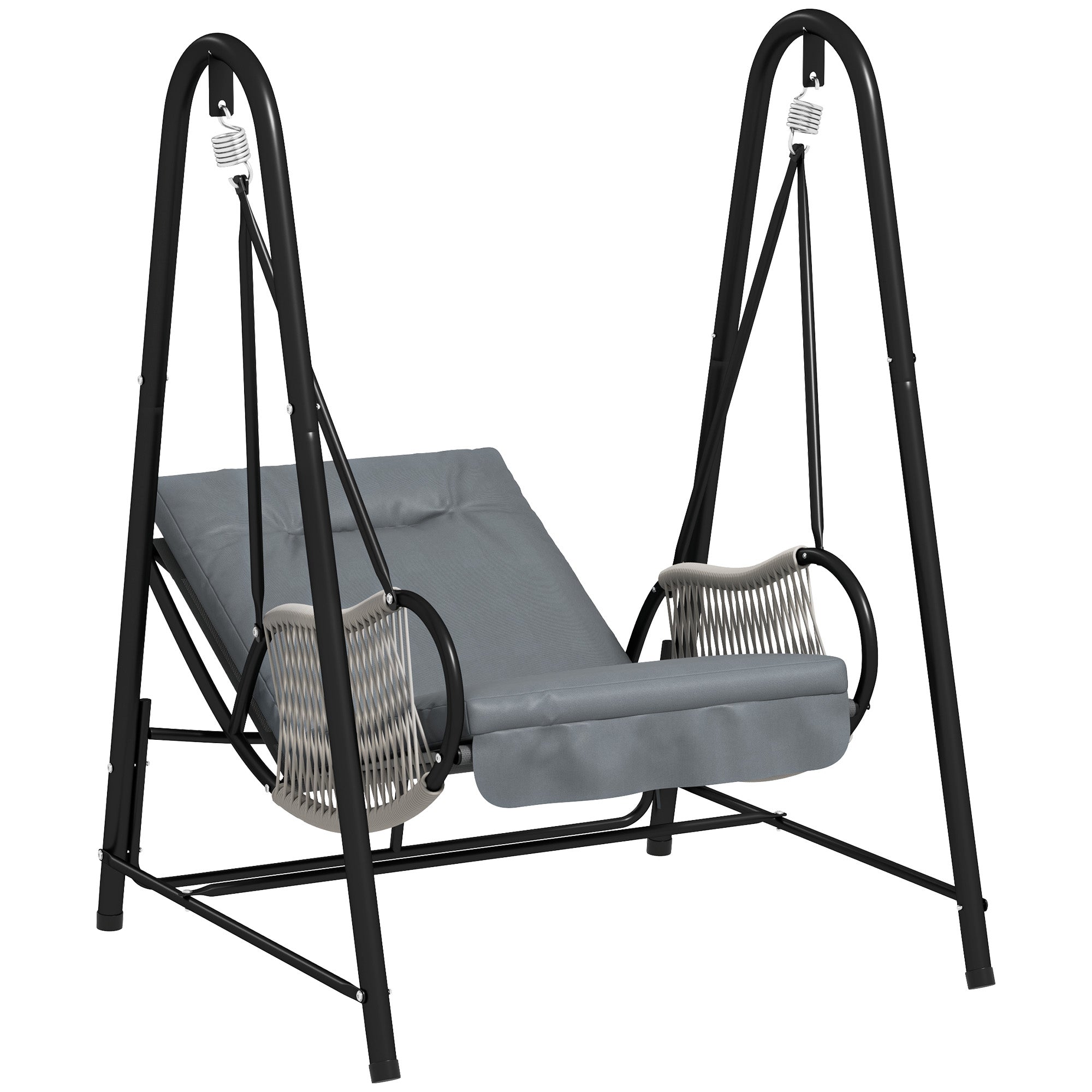 Outsunny Rattan Swing Chair, Outdoor Garden Hanging Swing Seat with Stand and Seat Cushion, Porch Hanging Chair for Balcony, Garden, Deck, Light Grey 