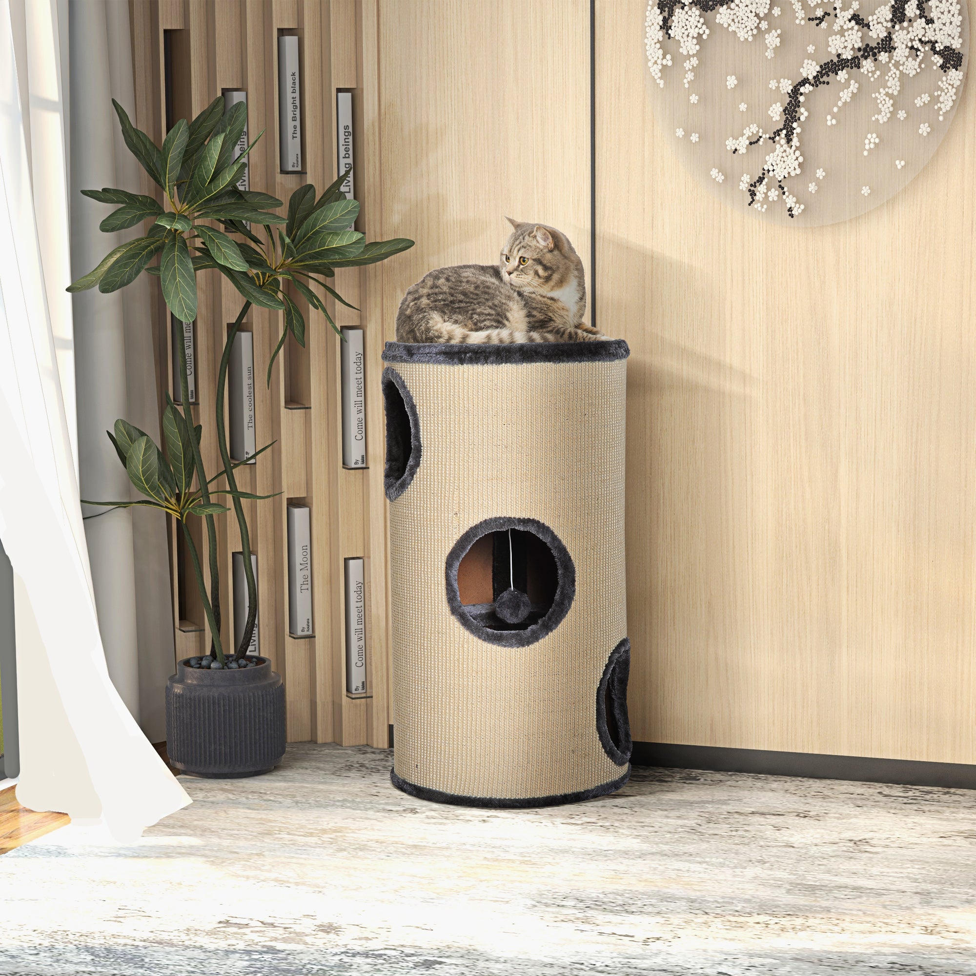 PawHut 70cm Height Cat Post Tree Scratching Barrel Sisal Activity Center Condo Kitten Bed Scratcher Climbing Climber Play House for Indoor Cats 