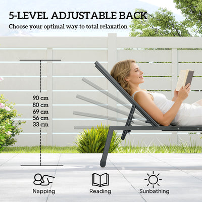 Outsunny Sun Loungers Set of 2 with Side Tray Table, Garden Recliners with 5-Position Adjustable Backrest, 2 Wheels, Grey 