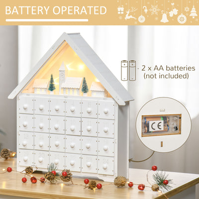 HOMCOM 24-Drawer Christmas Advent Calendar, Wooden Light-Up Traditional Decoration, Adults Kids Countdown Holiday House w/ Lights Handle White 