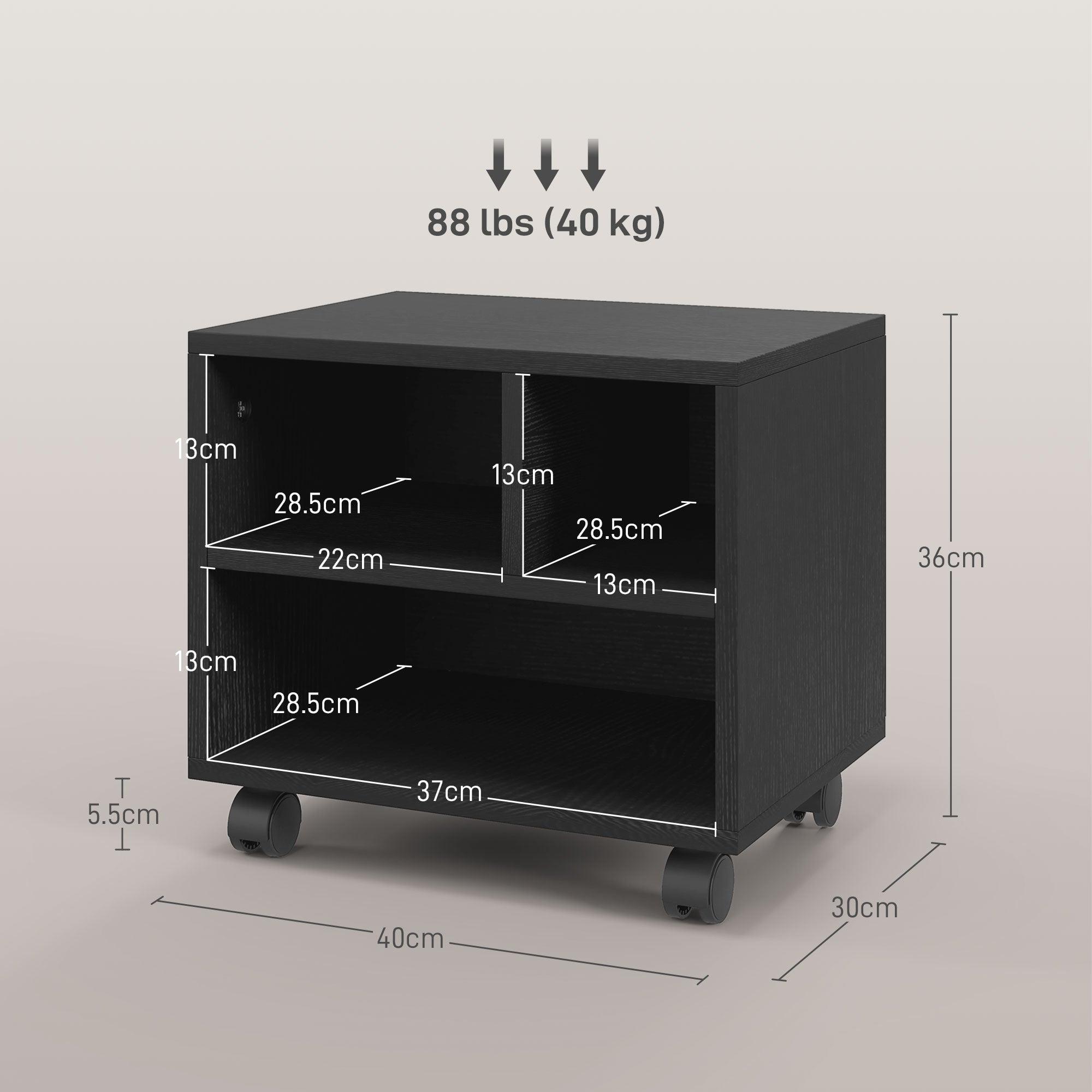HOMCOM Three-Compartment Printer Cabinet, with Wheels - Black 