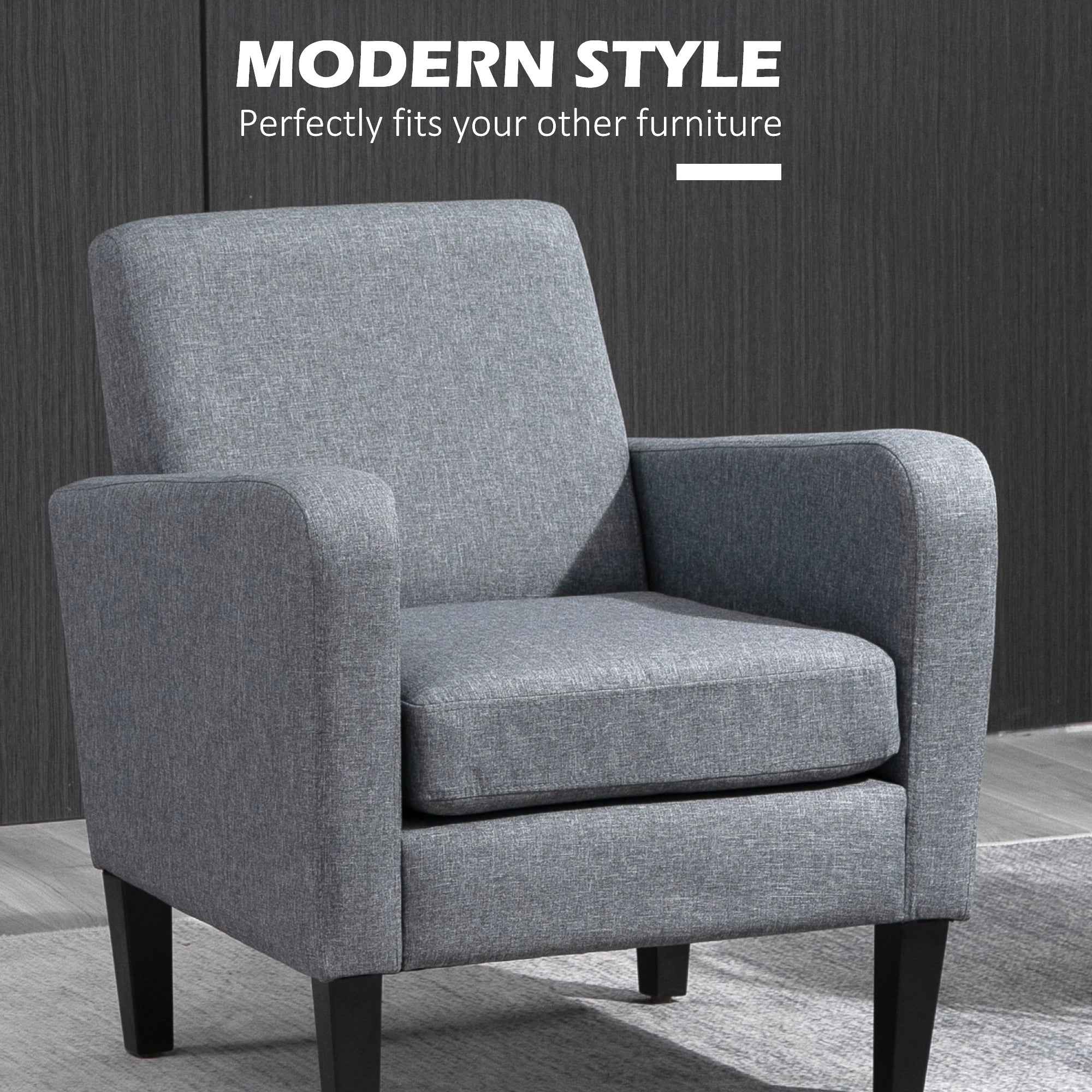 HOMCOM 2 Pieces Modern Armchairs with Rubber Wood Legs, Upholstered Accent Chairs, Single Sofa for Living Room, Bedroom, Grey 