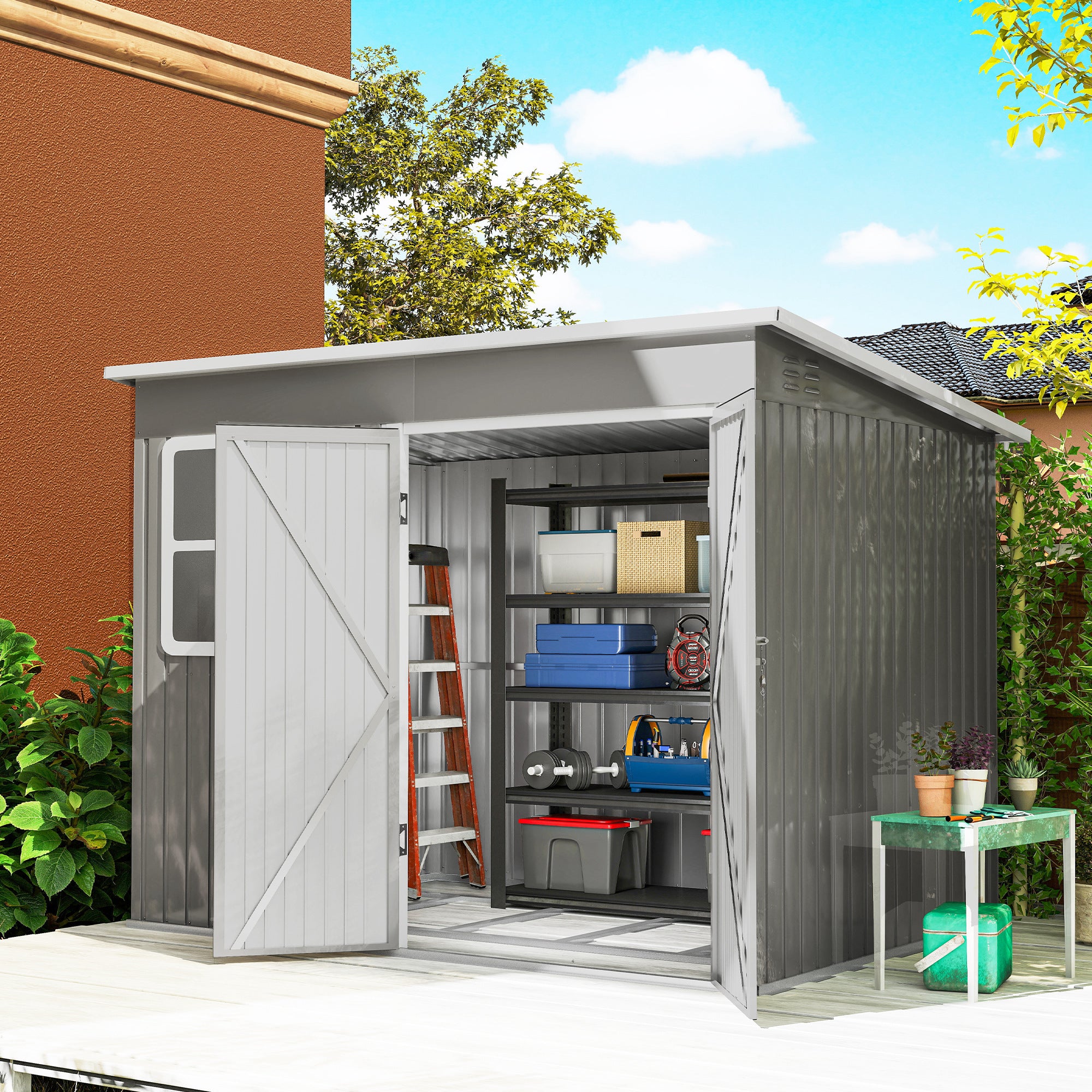 Outsunny 8.5 x 6ft Storage Shed Galvanised Steel Garden Shed, Metal Shed with Foundation Kit, Window, Lockable Wide Doors and Air Vents for Outdoor Patio, Light Grey 