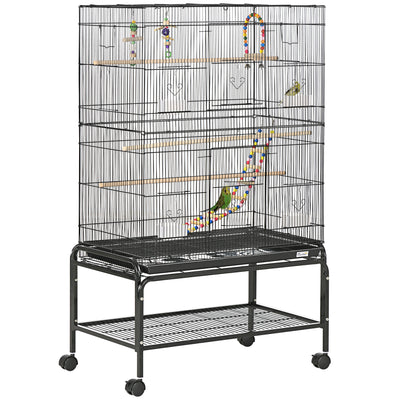 PawHut Large Bird Cage Budgie Cage with Stand, Toys, Wheels, Accessories, Storage Shelf for Canaries, Finches, Lovebirds, Parakeets - Black, 79 x 49 x 133 cm 