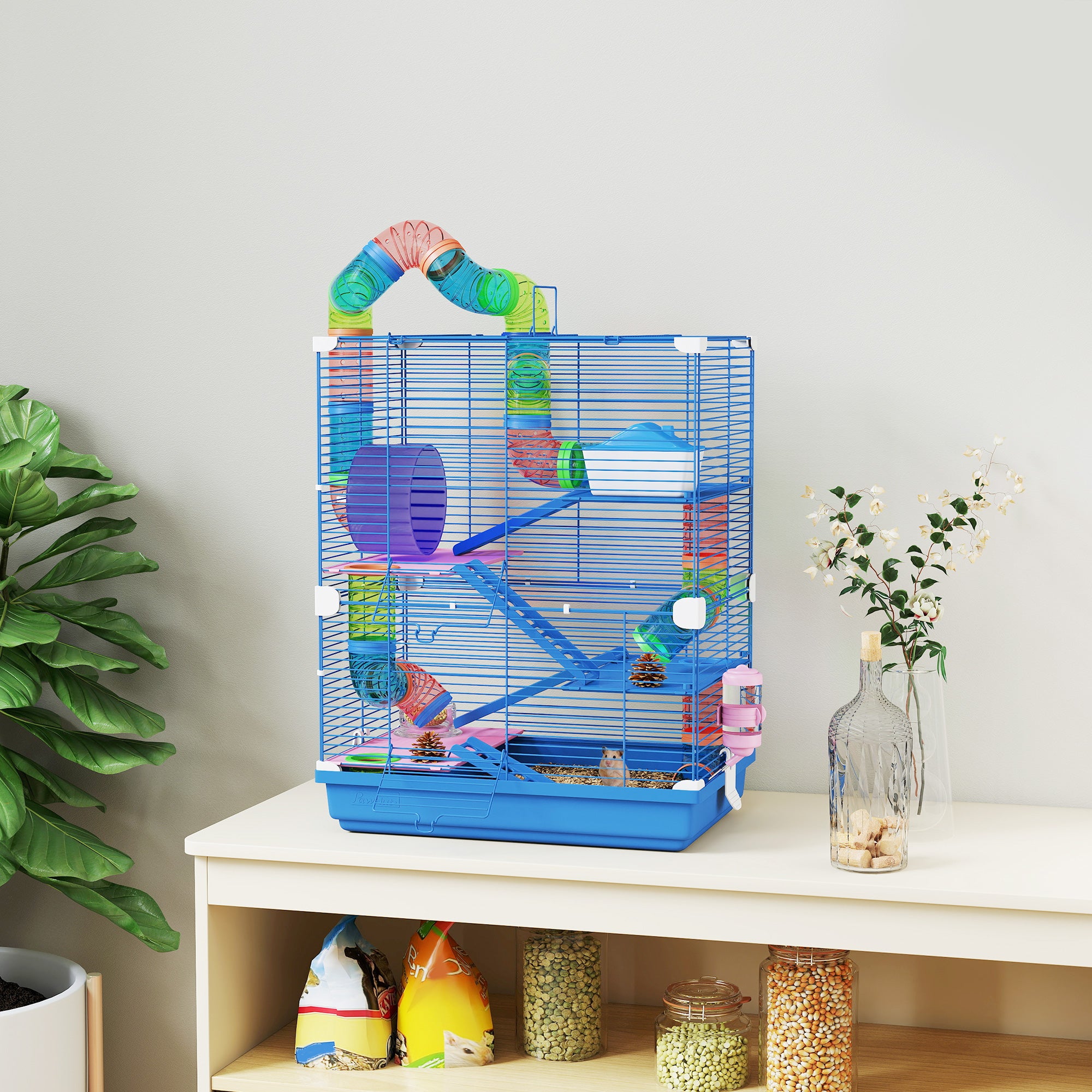 PawHut 5 Tier Hamster Cage Carrier Habitat w/ Exercise Wheels, Tunnel, Blue 