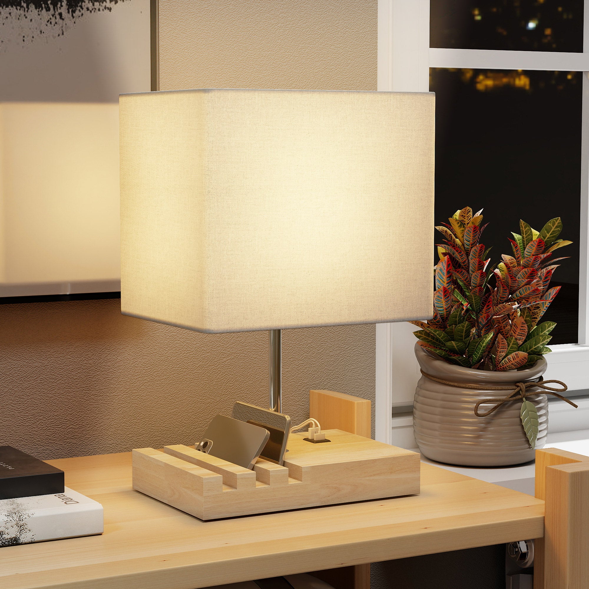 HOMCOM Bedside Lamp with USB A+C Charging Ports and 3 Phone Stands, Modern Table Lamp with Solid Wood Base and Fabric Shade for Bedroom Living Room Office, E27 Socket, Bulb Not Included, White 