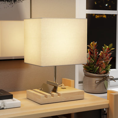 HOMCOM Bedside Lamp with USB A+C Charging Ports and 3 Phone Stands, Modern Table Lamp with Solid Wood Base and Fabric Shade for Bedroom Living Room Office, E27 Socket, Bulb Not Included, White 