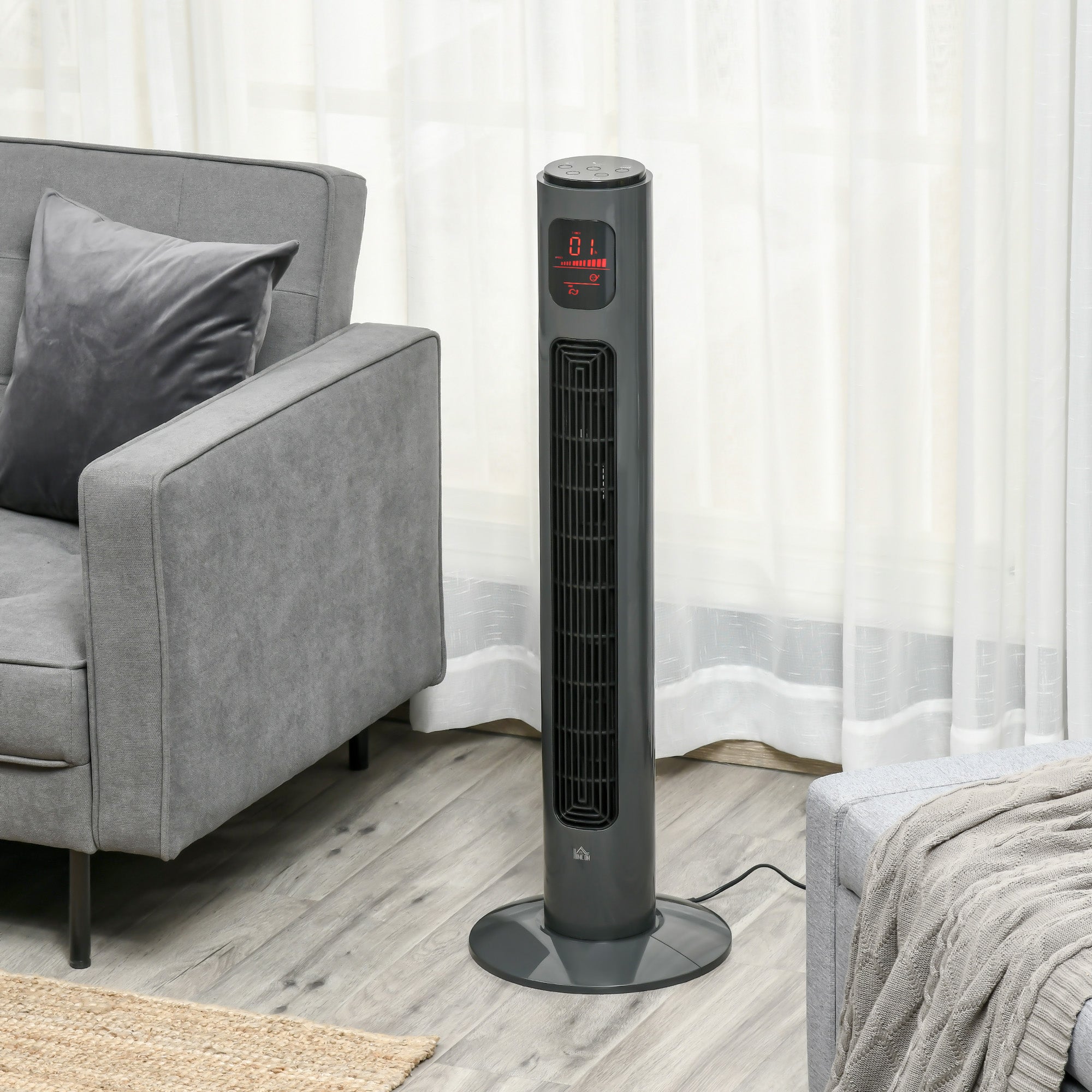 HOMCOM 38'' Freestanding Tower Fan, 3 Speed 3 Mode, 12h Timer, 70 Degree Oscillation, LED Panel, 5M Remote Controller, Dark Grey 