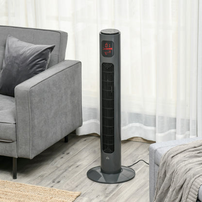 HOMCOM 38'' Freestanding Tower Fan, 3 Speed 3 Mode, 12h Timer, 70 Degree Oscillation, LED Panel, 5M Remote Controller, Dark Grey 