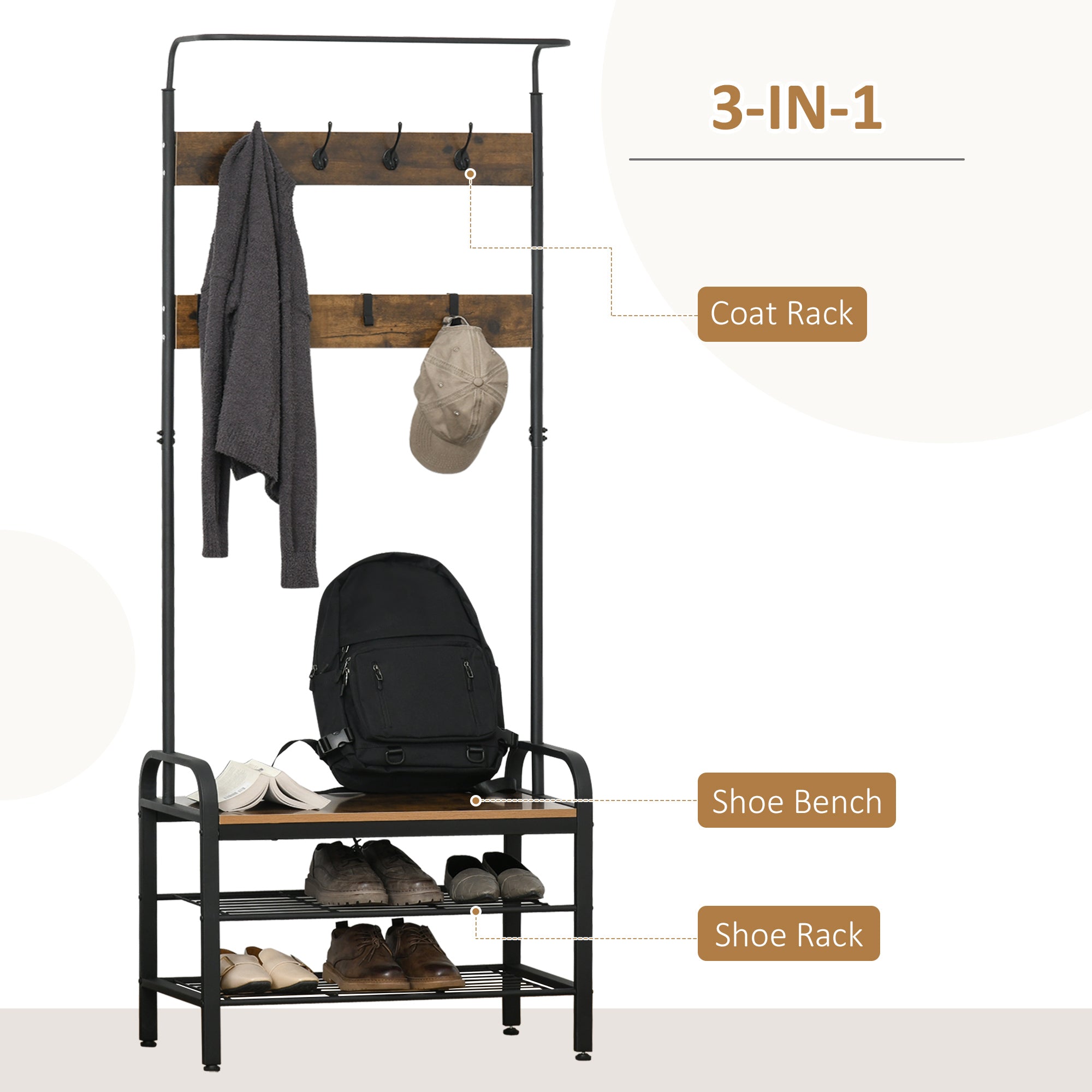 HOMCOM Coat Rack Stand Industrial hallway Shoe Rack Removable Hooks Metal Wood Hangers Storage Cabinet Rustic Brown 72L×34W×185H(cm) 