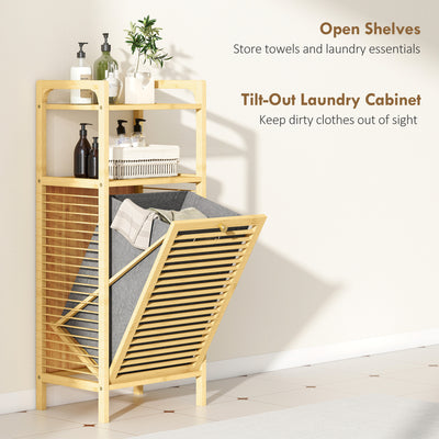 HOMCOM Bamboo Laundry Cabinet with Slatted Door, Bathroom Cabinet with Tilt-Out Hamper and Removable Liner Bag, 40 x 30D x 95 cm, Natural Wood Finish 