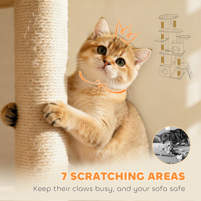 PawHut 170 cm Large Cat Tree, Cat Tower with 7 Scratching Posts, 2 Condos, Hammock,  Light Grey 
