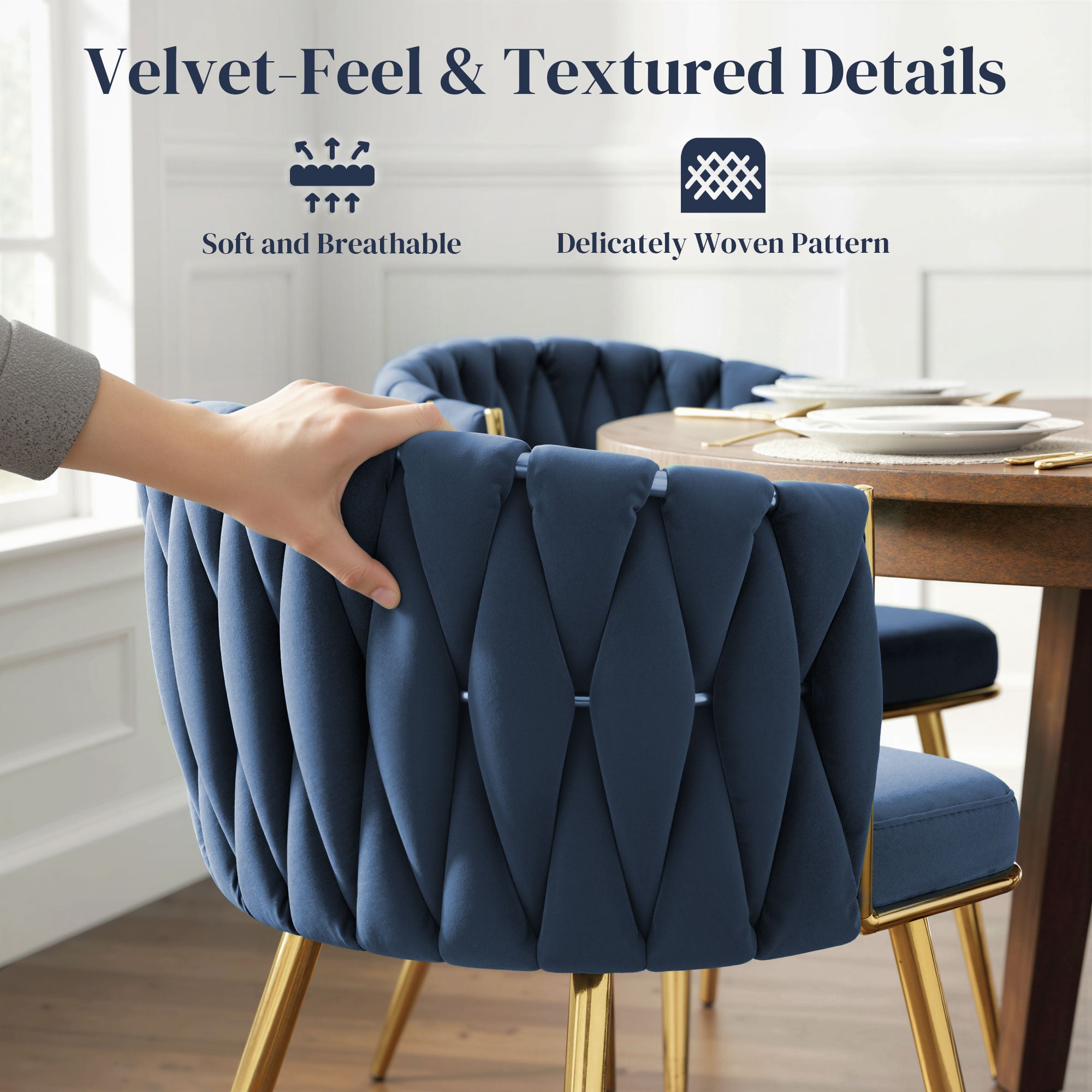 HOMCOM Velvet-Feel Dining Chairs Set of 2, Modern Upholstered Armchair with Knot Design and Golden Metal Legs, Accent Chair for Dining Room, Bedroom, Kitchen, Living Room, Dark Blue 