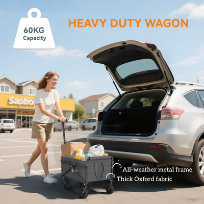 Outsunny 41L Festival Trolley on Wheels, Small Garden Folding Trolley Cart, 60kg Heavy Duty Collapsible Folding Wagon with Adjustable Handle and Carrying Bag for Beach, Camping, Festival, Grey 