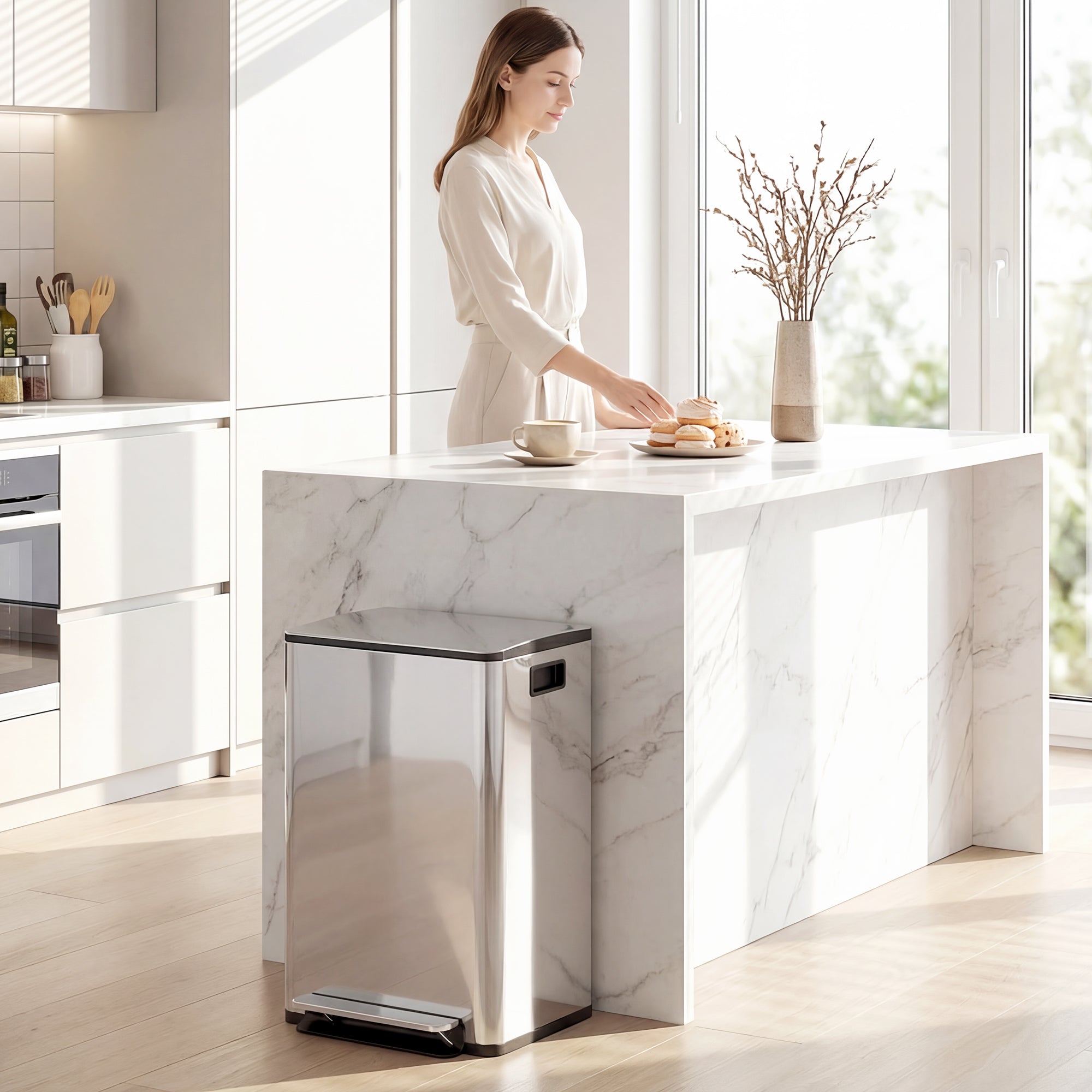HOMCOM 40L Dual Compartment Stainless Steel Bin, with Deodoriser Holders - Silver Tone 
