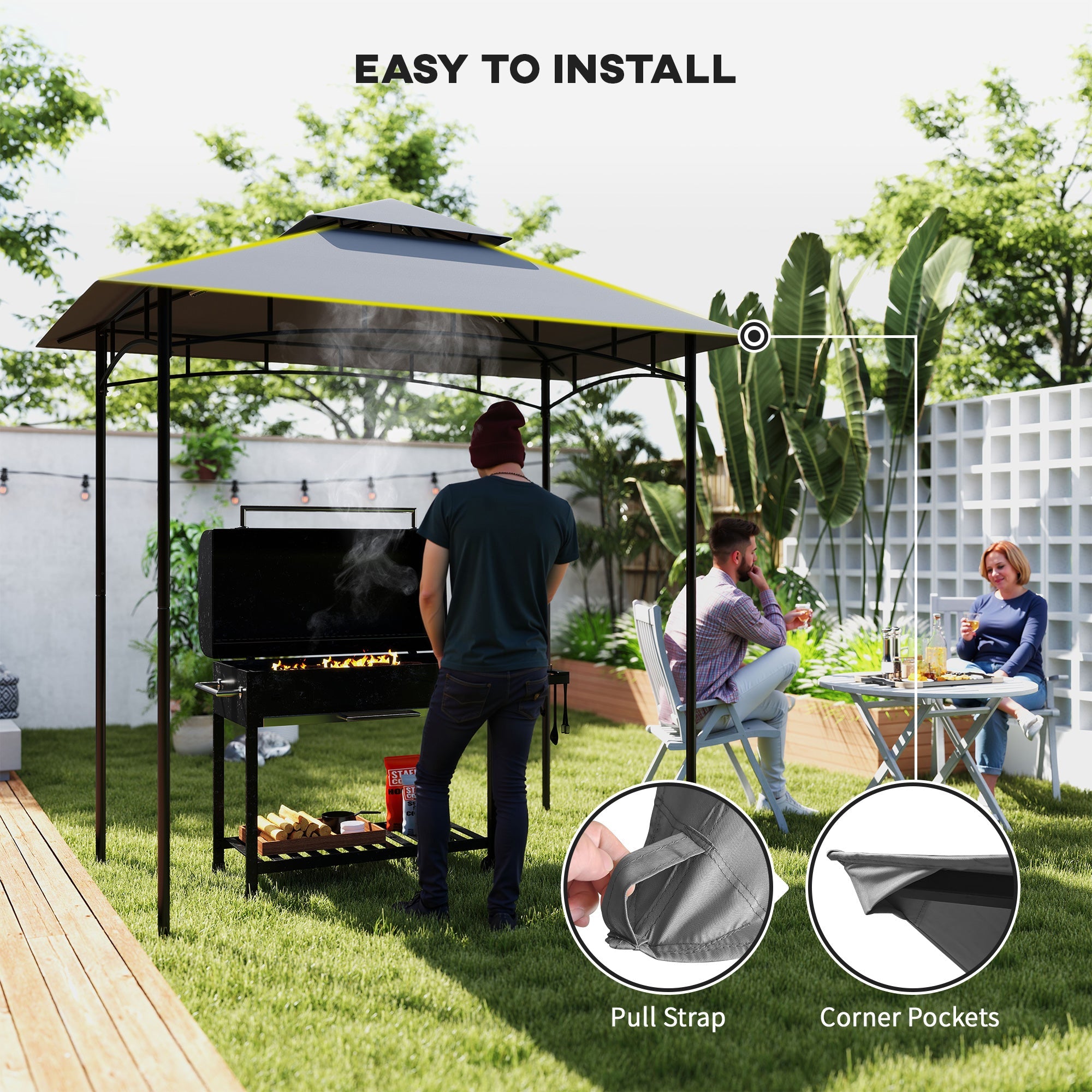 Outsunny Grill Gazebo Replacement Canopy Roof for 1.5 x 2.4m Frame, UPF50+ Protection, Double Tiered 5' x 8' Outdoor BBQ Gazebo Cover Replacement, TOP COVER ONLY, Dark Grey 