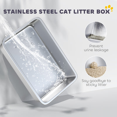 PawHut Stainless Steel Cat Litter Box with Removable Lid, Scoop, Filter Bags, for Larger Cats, Grey 