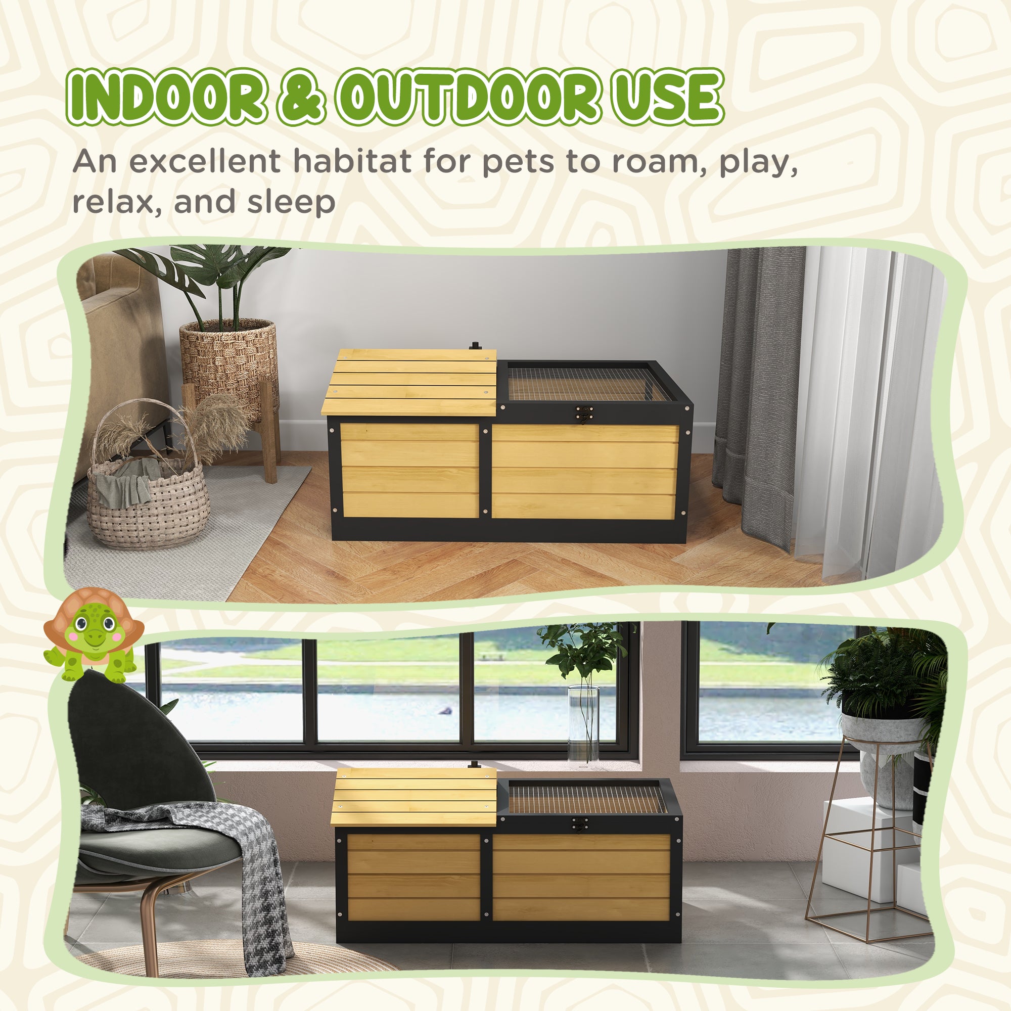PawHut Wooden Tortoise House, Small Pet Reptile Shelter, with Hide Den and Run - Yellow 