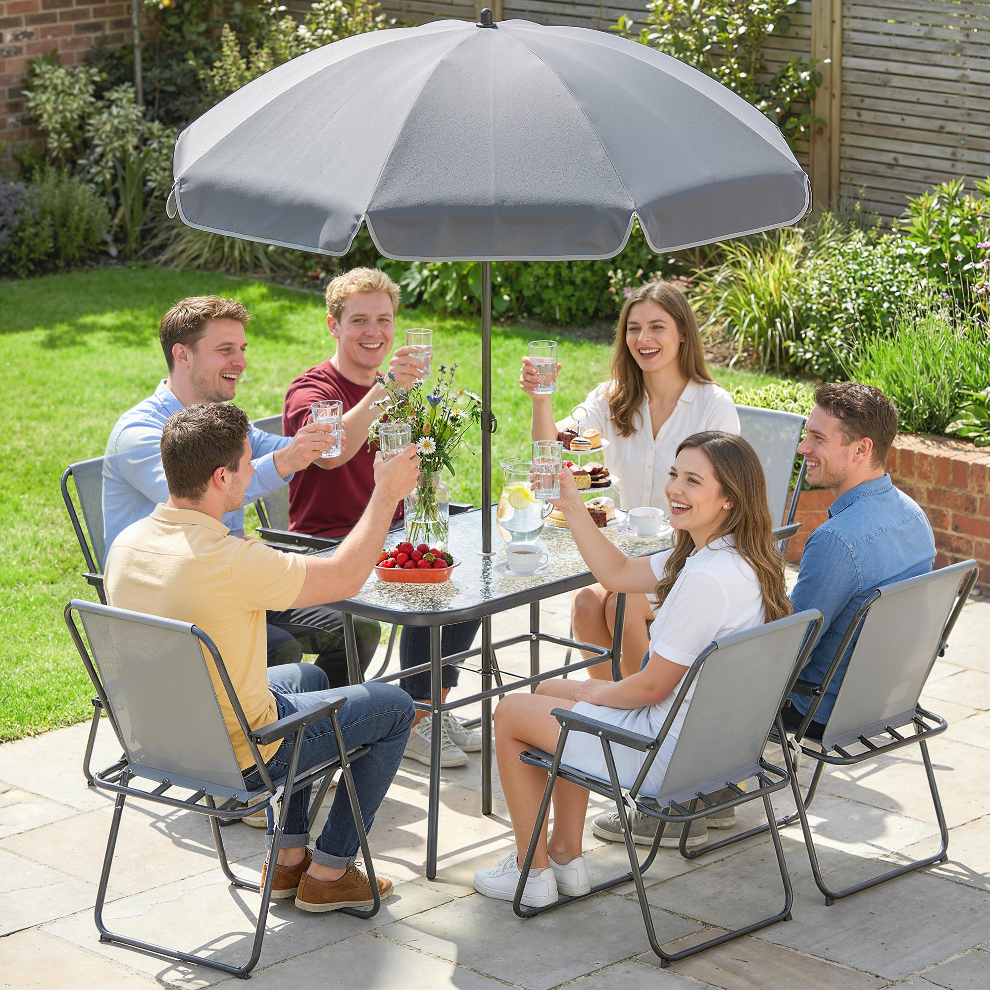 Outsunny 8 Piece Garden Dining Set with Umbrella, Garden Furniture Set with 6 Folding Chairs, Tempered Glass Table for Patio Grey 