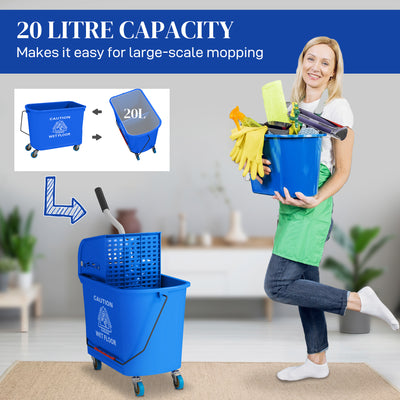 HOMCOM 20L Mop Bucket on Wheels, with Water Separation Panel - Blue 