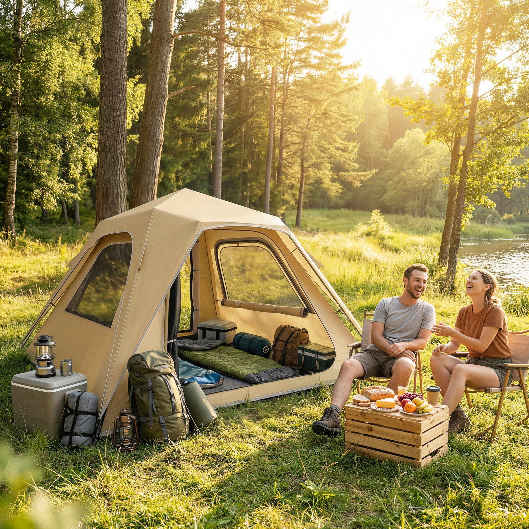 Outsunny Pop Up Tent 3000mm Waterproof Camping Tents with Mesh Windows 2-3 People Khaki 