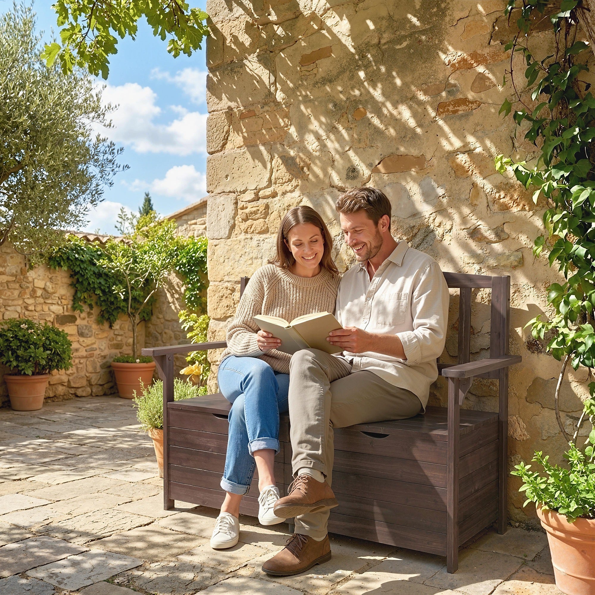 Outsunny Outdoor 2 Seater Garden Bench, Wooden Bench with Storage, Backrest, Arm Rests, 112 x 84 x 58 cm, Brown 