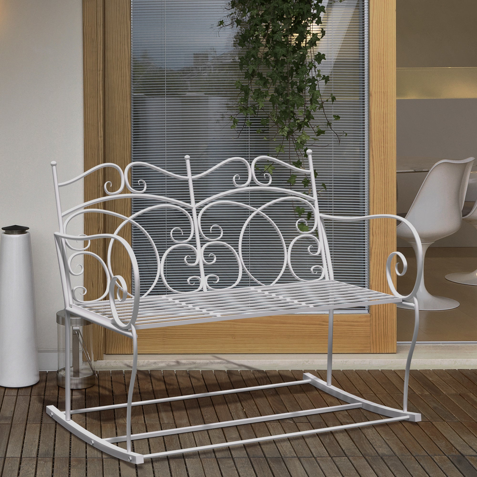 Outsunny Patio 2 Seater Rocking Bench Steel Garden Outdoor Garden Loveseat Chair w/ Decorative Backrest White 