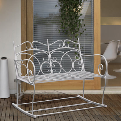 Outsunny Patio 2 Seater Rocking Bench Steel Garden Outdoor Garden Loveseat Chair w/ Decorative Backrest White 