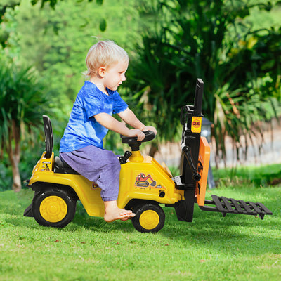 HOMCOM Kids Ride-On Construction Car, with Fork, Tray, Sounds - Yellow 