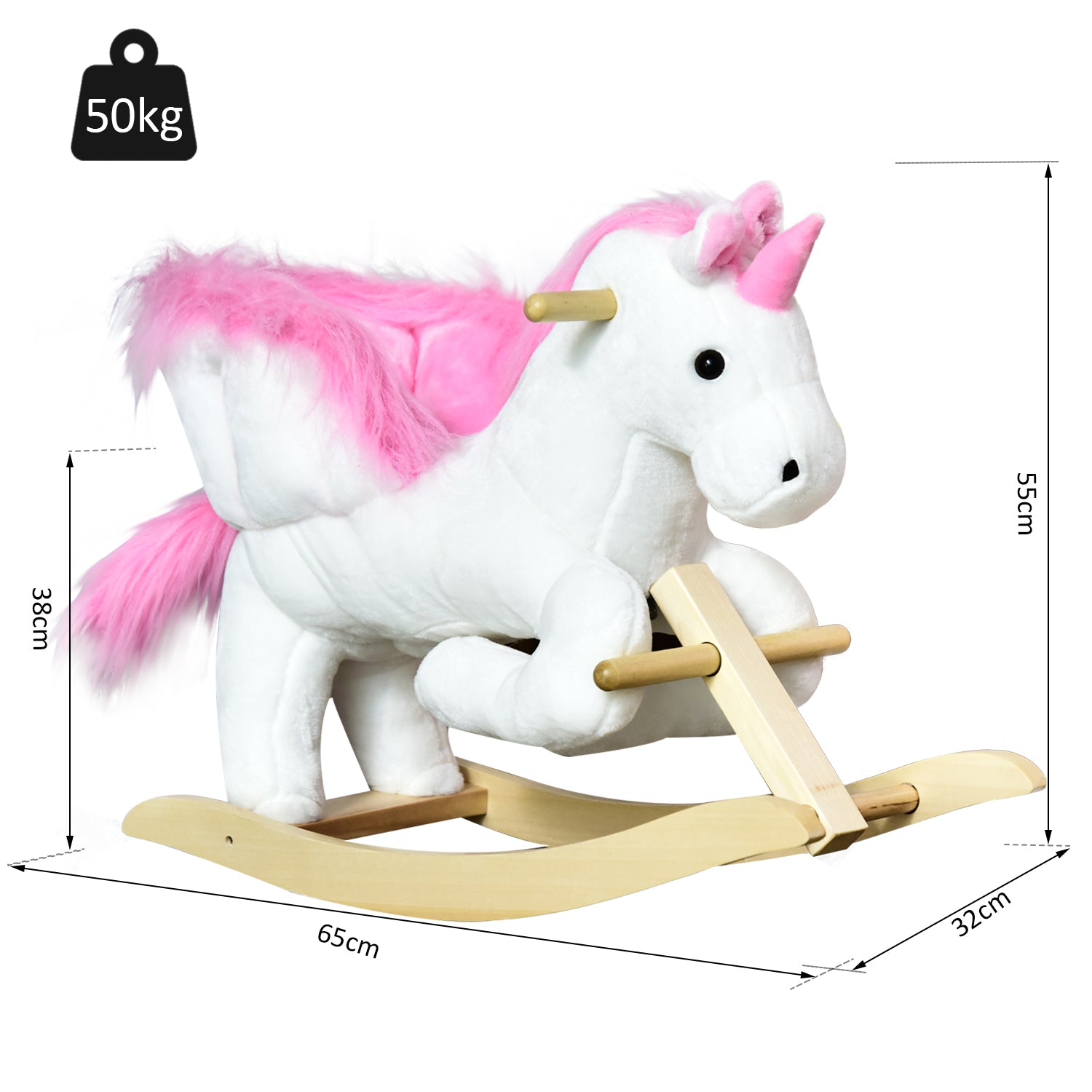 HOMCOM Kids Rocking Horse Unicorn Wooden Plush Ride On Chair Toy with Music 1.5-3 Years 