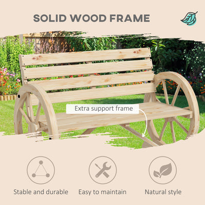 Outsunny Wagon Wheel Chair Bench Armrest Rustic Loveseat Wood Outdoor Garden, Natural 
