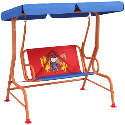 Outsunny Two Seater Kids Garden Swing, Cowboy Themed kids Swing Chair with Adjustable Canopy, Safety Belts for Outdoor Use 