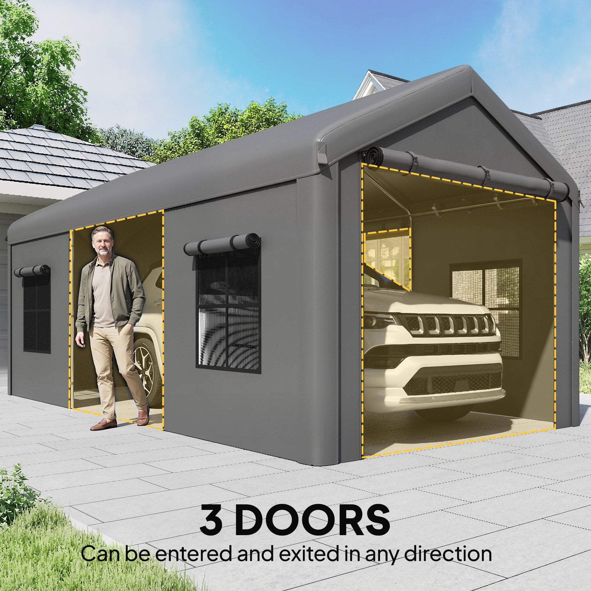 Outsunny 3 x 6 m Heavy Duty Carport, Portable Garage Car Canopy Tent with Galvanised Frame, Doors, Windows, Dark Grey 