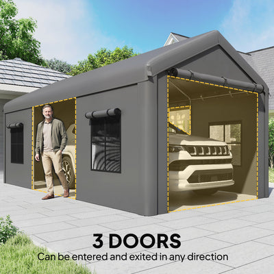 Outsunny 3 x 6 m Heavy Duty Carport, Portable Garage Car Canopy Tent with Galvanised Frame, Doors, Windows, Dark Grey 