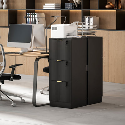 HOMCOM Filing Cabinet, Fluted Vertical File Cabinet with 3 Lockable Drawers and Hanging Rails, Black 