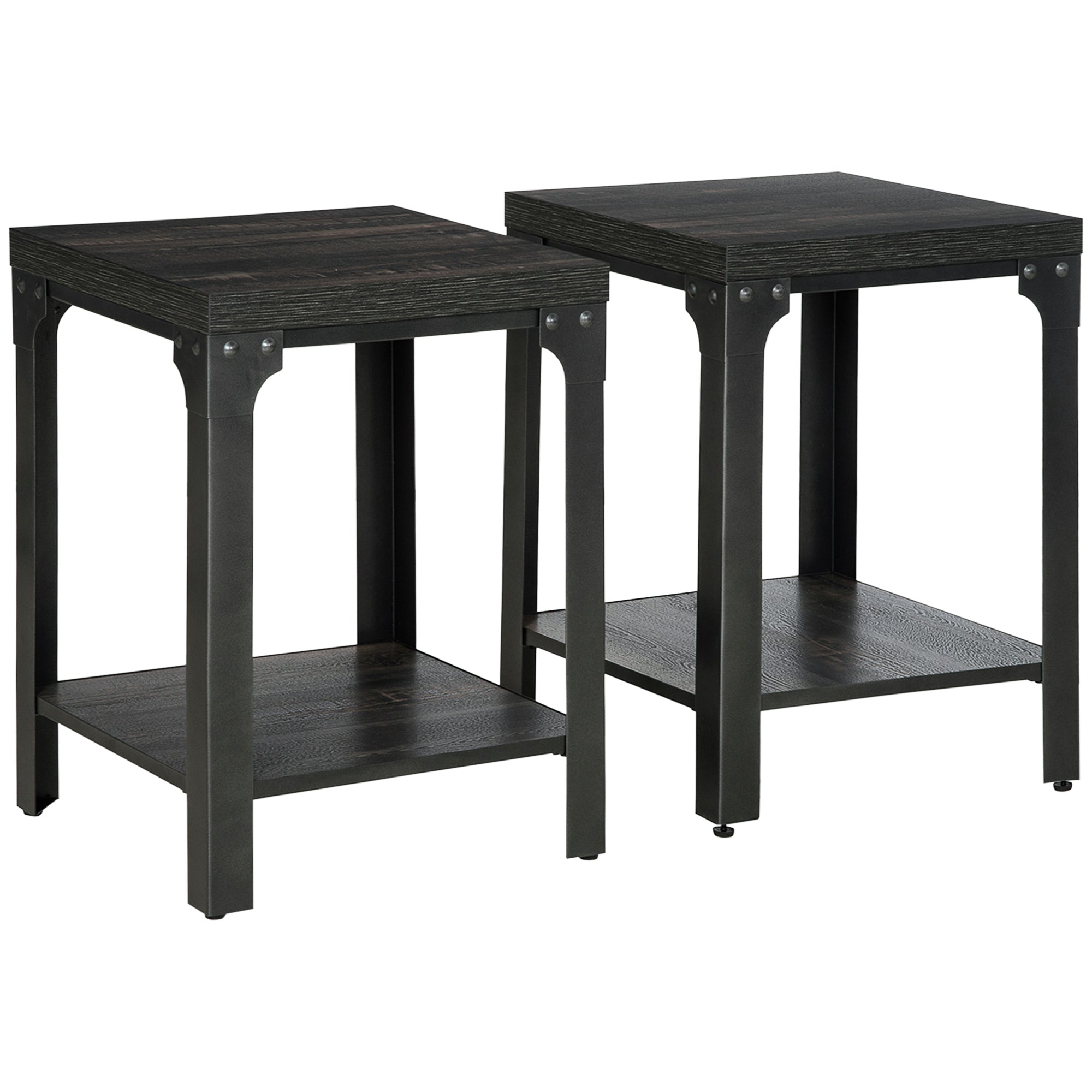 HOMCOM Industrial Side Table Set of 2 with Storage Shelf, Bedside Tables with Steel Frame and Thickened Top, Living Room Bedroom, Dark Walnut 
