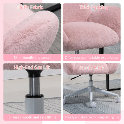 HOMCOM Makeup Vanity Chair, Cute Fluffy Desk Chair with Rolling Wheels for Bedroom Living Room, Pink 