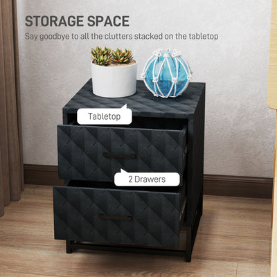 HOMCOM Bedside Tables Set of 2, Modern Bedside Table Nightstand with 2 Drawers, Bedside Cabinet Sofa Side Table with Storage, Steel Legs for Bedroom, Living Room, Black 