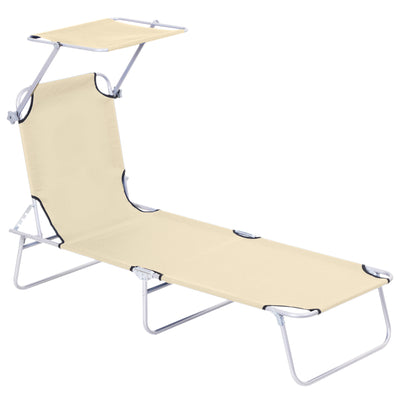 Outsunny Outdoor Foldable Sun Lounger, 4 Level Adjustable Backrest Reclining Sun Lounger Chair with Angle Adjust Sun Shade Awning for Beach, Garden, Patio, Beige 