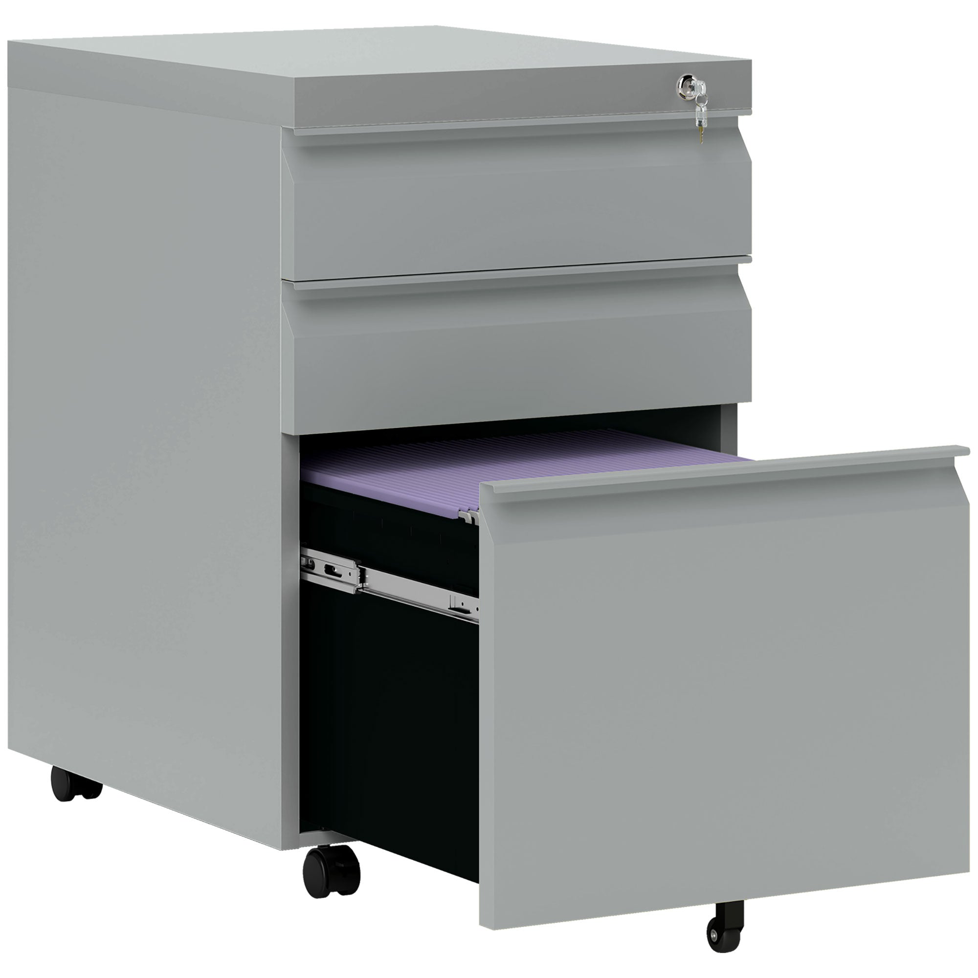 Vinsetto 3 Drawer Filling Cabinet, Mobile Metal File Cabinet with Anti-tilt Design for Letter, A4, Legal Size, Grey 