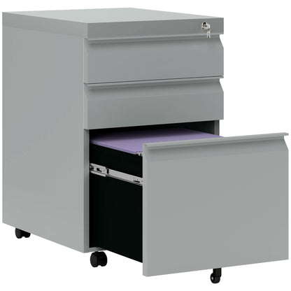 Vinsetto 3 Drawer Filling Cabinet, Mobile Metal File Cabinet with Anti-tilt Design for Letter, A4, Legal Size, Grey 