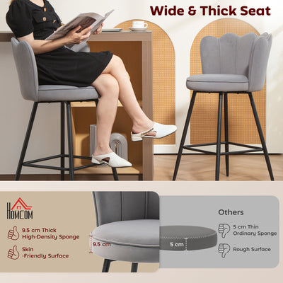 HOMCOM Set of Two Velvet-Feel Lotus Bar Stools - Grey 
