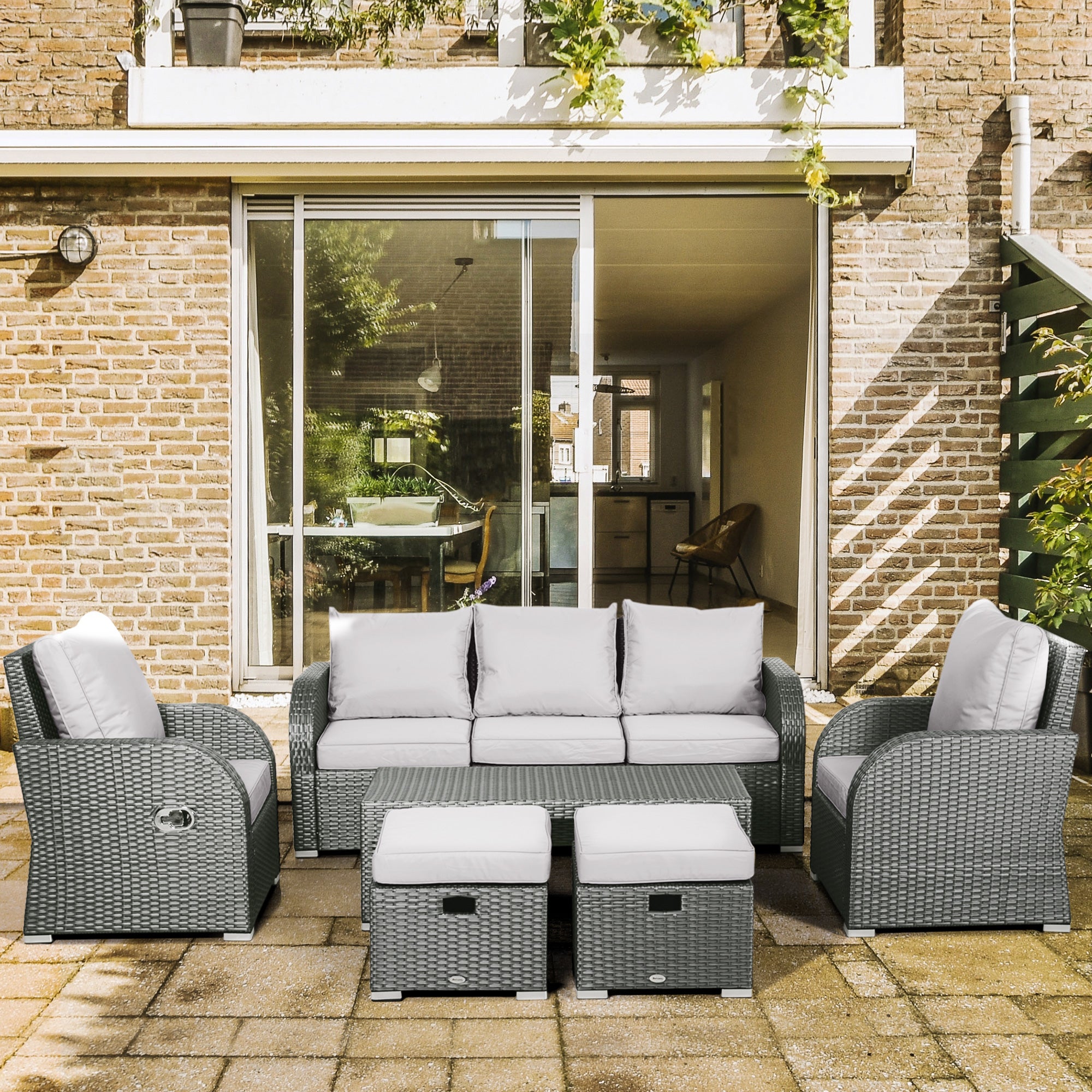 Outsunny Six-piece Outdoor Rattan Dining Set, with Reclining Armchairs - Grey 