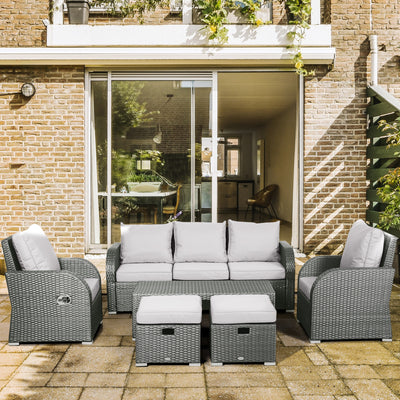 Outsunny Six-piece Outdoor Rattan Dining Set, with Reclining Armchairs - Grey 