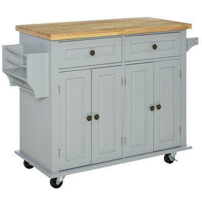 HOMCOM Rolling Kitchen Island Storage Trolley with Rubber Wood Top & Drawers for Dining Room, Grey 