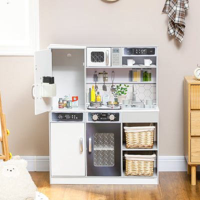 AIYAPLAY Pretend Play Toy Kitchen, Kids Kitchen Playset w/ Sounds, Lights, Running Water, Coffee Maker, Refrigerator 