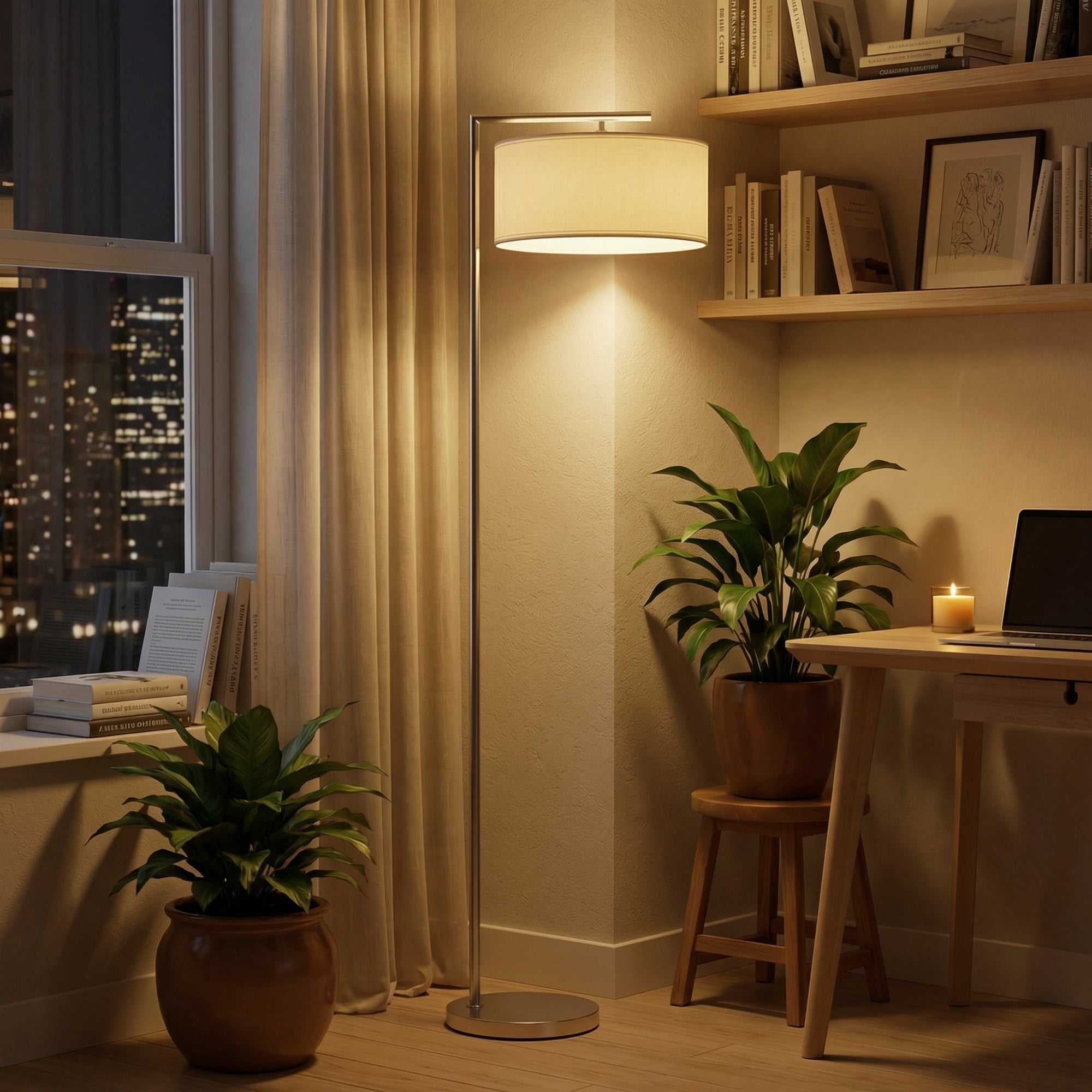 HOMCOM Floor Lamp, Modern Standing Lamp with Linen Lampshade, Round Base for Living Room, Bedroom, Dining Room, 153cm, Silver Tone 